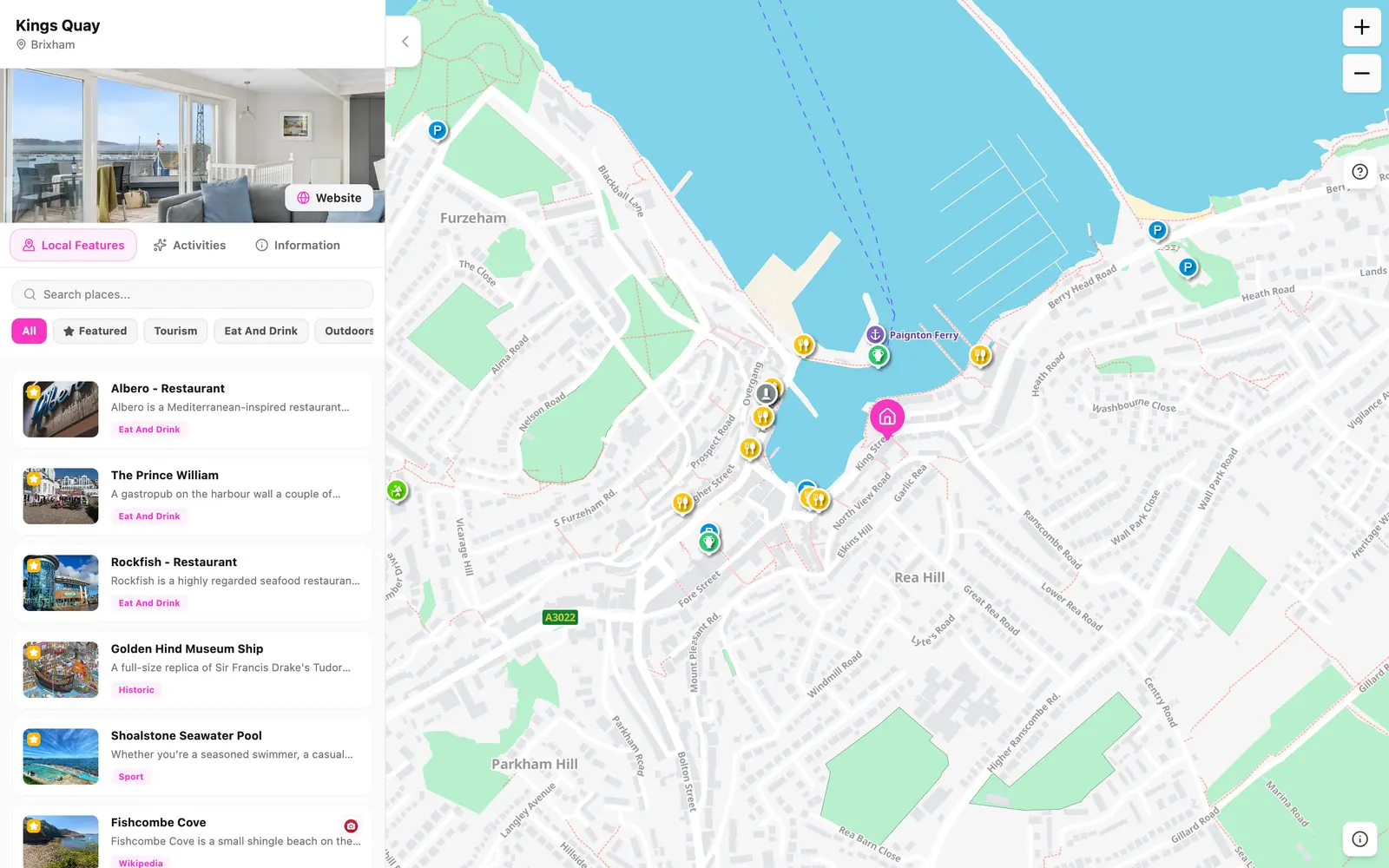 The Kings Quay guide: a list of nearby places beside a map of Brixham harbour with the property marked.