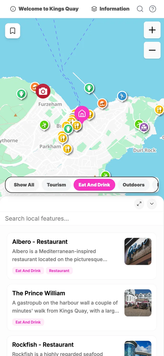 The guide filtered to eat and drink, listing Albero, The Prince William and Rockfish with photos.