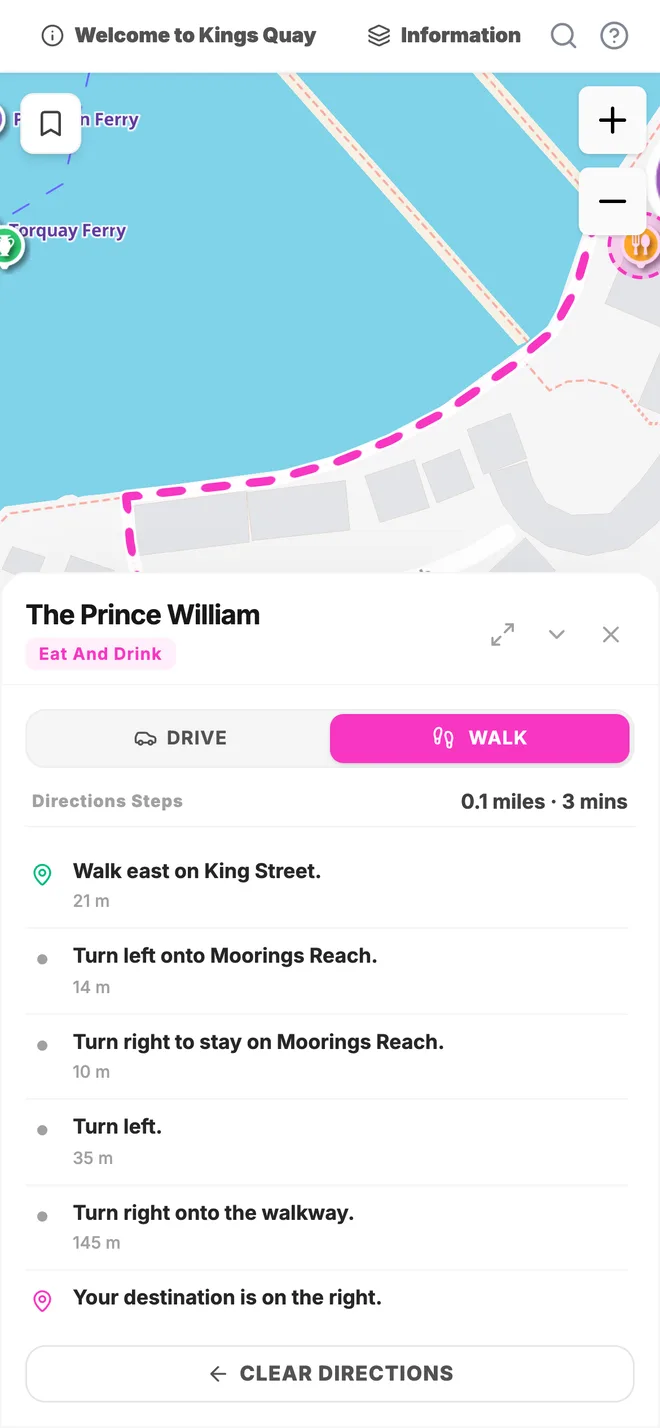 Walking directions from Kings Quay to The Prince William: 0.1 miles, 3 minutes, turn by turn.